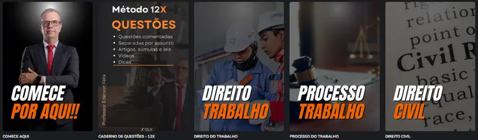 Disciplinas: comece por aqui, caderno de questões, Direito do Trabalho, Processo do Trabalho e Direito Civil